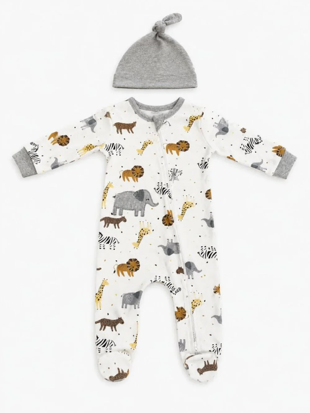 NWT Baby Essentials 2 Piece Safari Animal Footed Sleeper & Knotted Hat Set